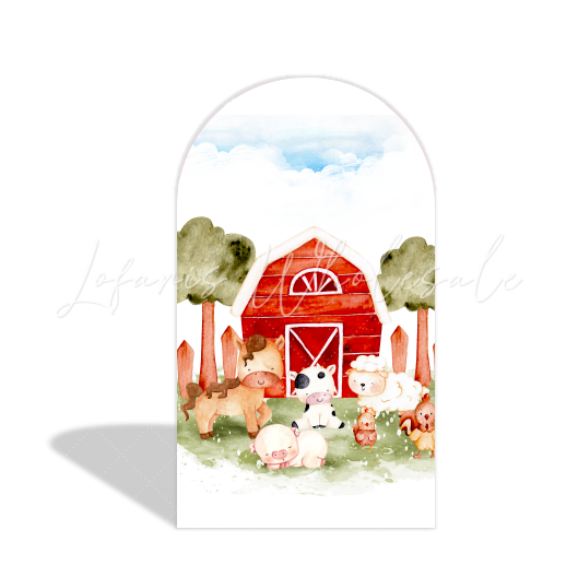 Toile de fond pour arche Joyeux Anniversaire thème vache maison grange ferme