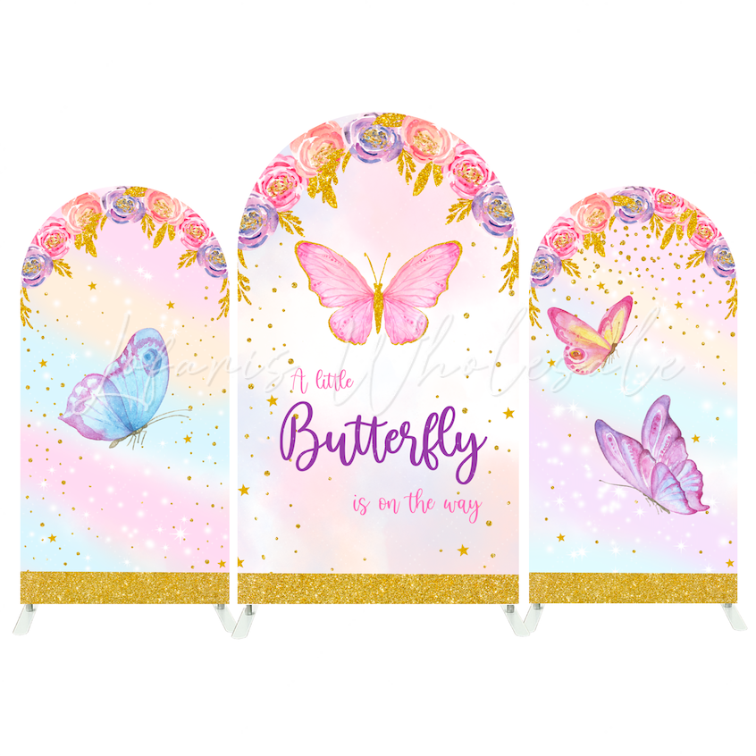 Toile de fond pour arche Joyeux Anniversaire papillon flore