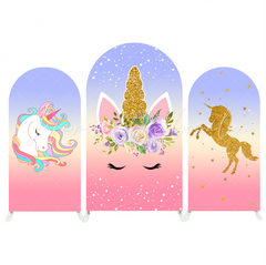 Toile de fond pour arche Joyeux Anniversaire thème licorne paillettes or flore