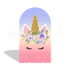 Toile de fond pour arche Joyeux Anniversaire thème licorne paillettes or flore