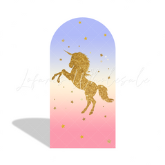 Toile de fond pour arche Joyeux Anniversaire thème licorne paillettes or flore