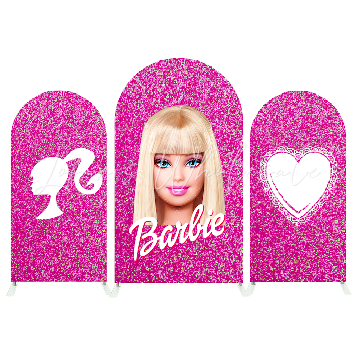 Toile de fond pour arche Joyeux Anniversaire tête Barbie paillettes