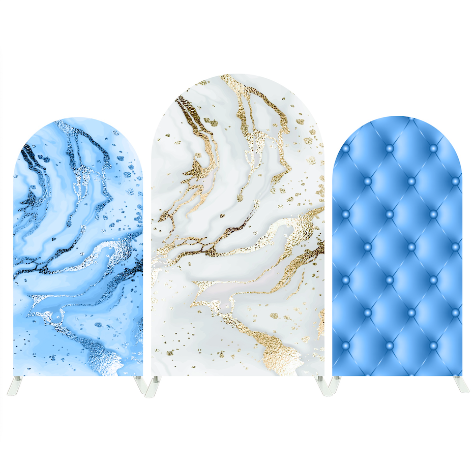 Toile de fond pour arche Joyeux Anniversaire capitonné marbre bleu