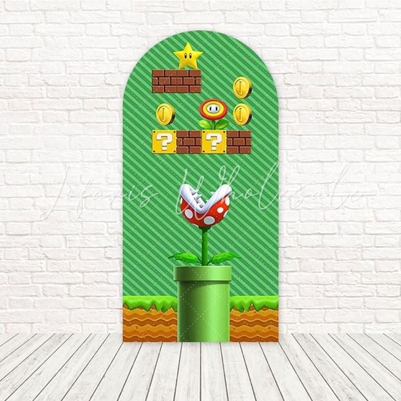 Toile de fond pour arche fête jeux Mario pour célébrations événement gaming rempli de fun