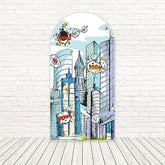 Toile de fond pour arche super-héros urbain immeubles Marvel Comics pour événement comics