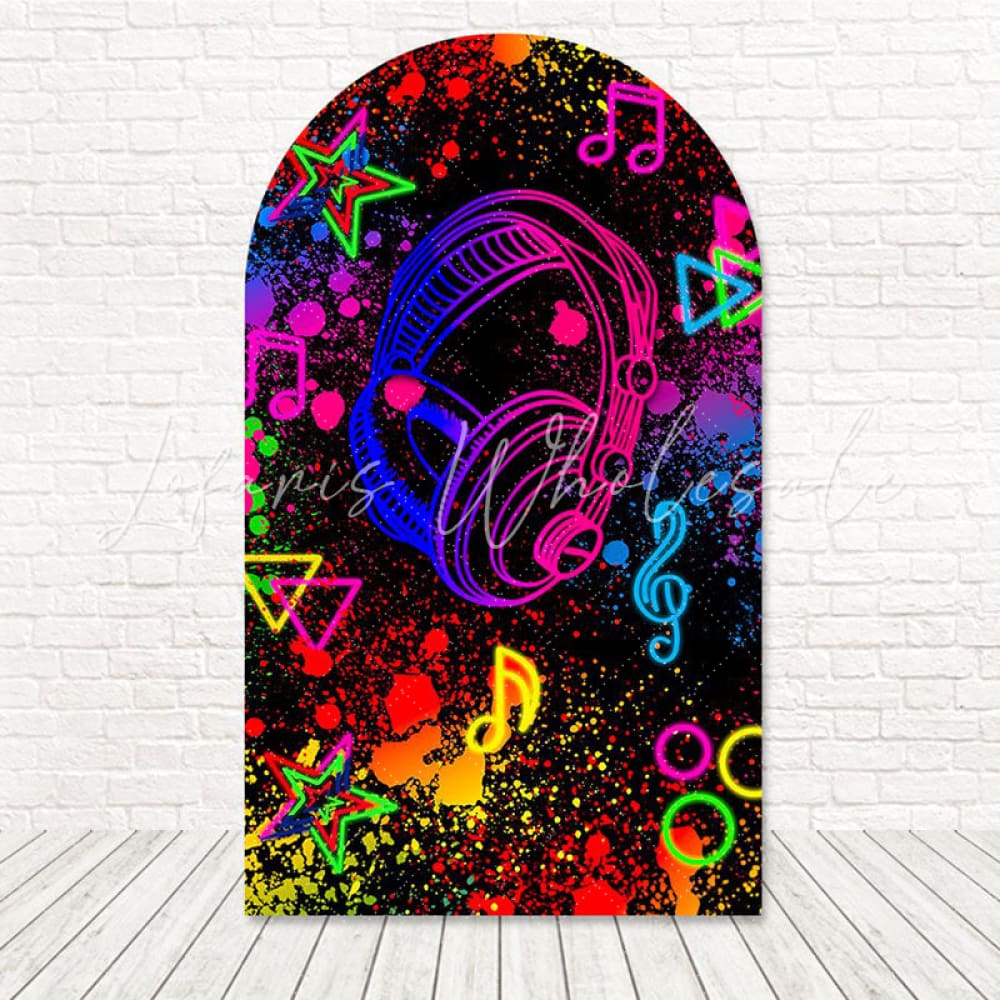 Toile de fond pour arche lueur néon note musique pour décor fête rythmique