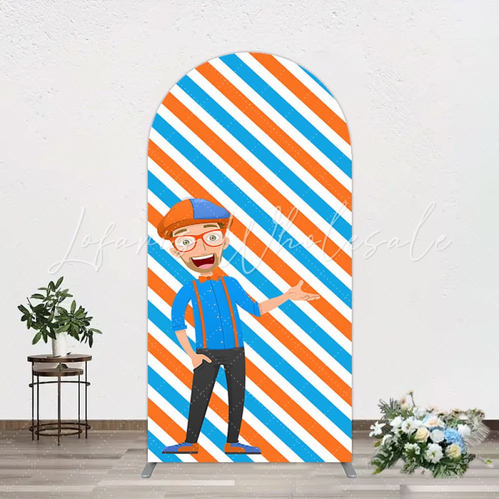 Toile de fond pour arche Joyeux Anniversaire Blippi dessin animé rayures orange bleu