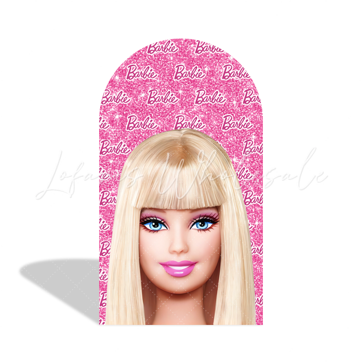 Toile de fond pour arche Joyeux Anniversaire tête Barbie rose