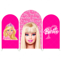 Toile de fond pour arche Joyeux Anniversaire tête Barbie rose