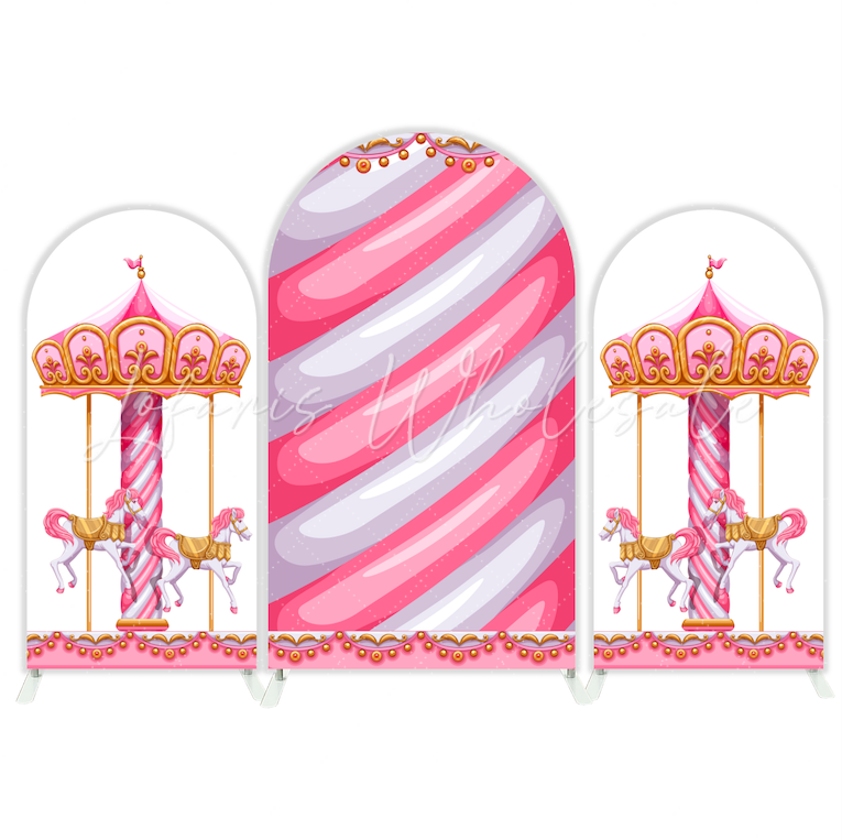 Toile de fond pour arche fête anniversaire Baby Shower carrousel rose