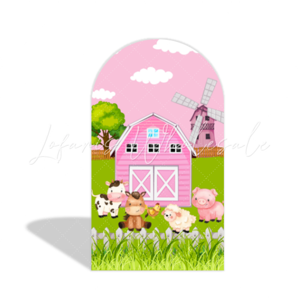 Toile de fond pour arche anniversaire Chiara grange thème ferme rose