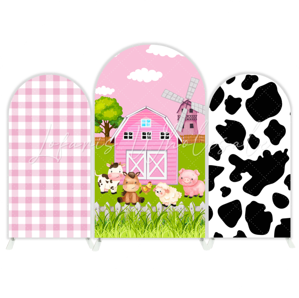 Toile de fond pour arche anniversaire Chiara grange thème ferme rose