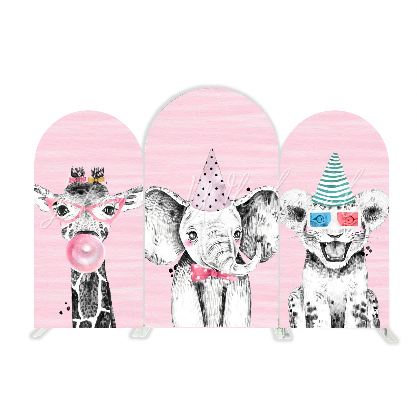 Toile de fond pour arche Joyeux Anniversaire animal safari rose