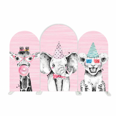 Toile de fond pour arche Joyeux Anniversaire animal safari rose
