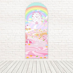 Toile de fond pour arche aventure douce fantaisie château bonbons arc-en-ciel