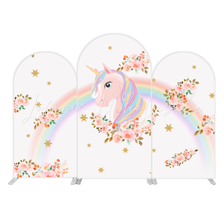 Toile de fond pour arche Joyeux Anniversaire licorne flore arc-en-ciel