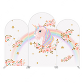 Toile de fond pour arche Joyeux Anniversaire licorne flore arc-en-ciel