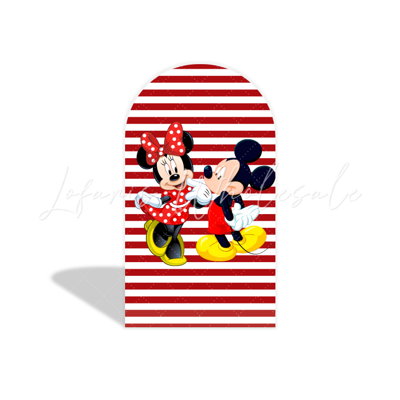 Toile de fond pour arche fête anniversaire Mickey et Minnie rayures rouges