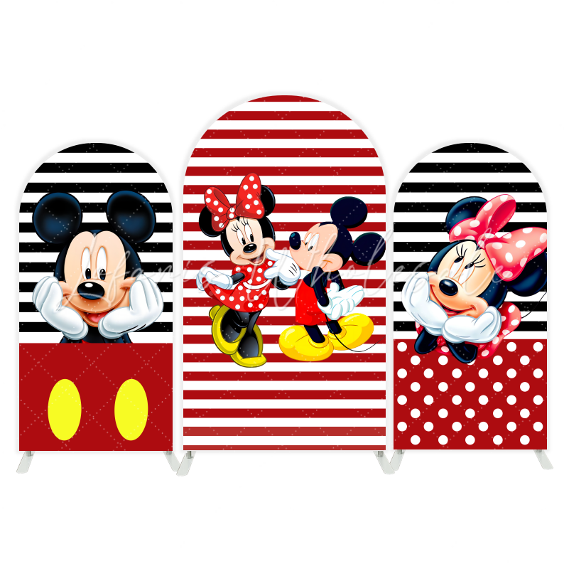 Toile de fond pour arche fête anniversaire Mickey et Minnie rayures rouges