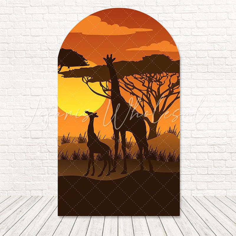 Toile de fond pour arche coucher de soleil girafe safari pour thèmes événement exotique et fun