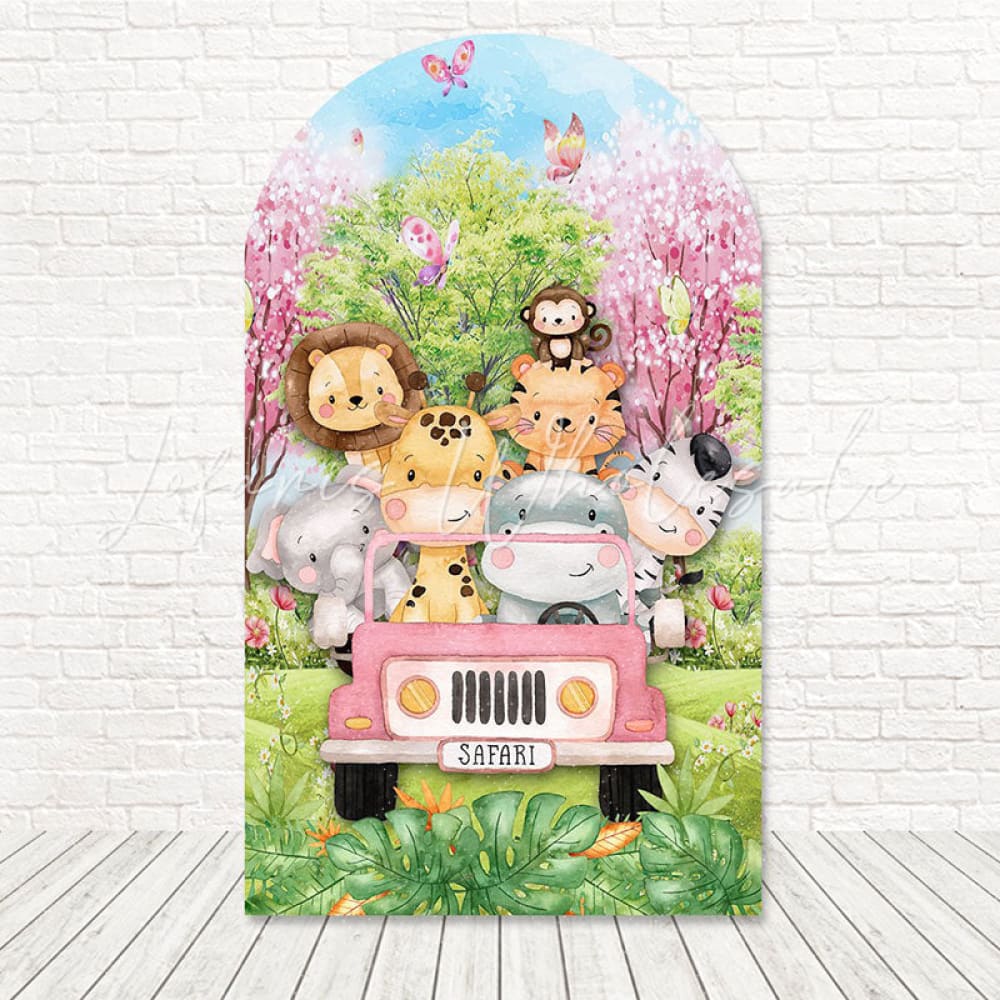 Toile de fond pour arche camion rose safari course sauvage pour thème jungle fille