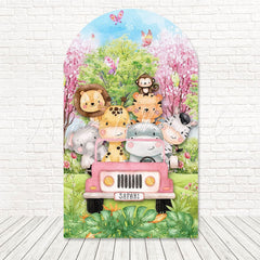 Toile de fond pour arche camion rose safari course sauvage pour thème jungle fille