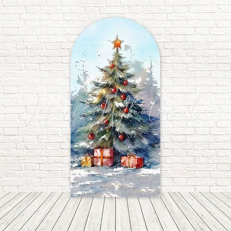 Toile de fond pour arche sapin de Noël enneigé pour événements vacances magiques