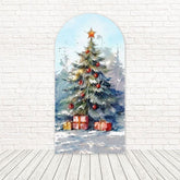 Toile de fond pour arche sapin de Noël enneigé pour événements vacances magiques
