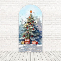 Toile de fond pour arche sapin de Noël enneigé pour événements vacances magiques