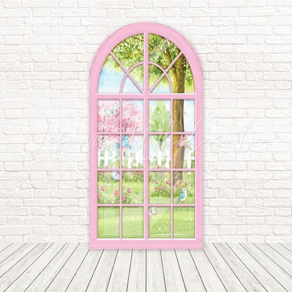 Toile de fond pour arche vue fenêtre floraison jardin printemps pour shoot floral frais