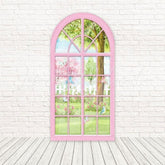Toile de fond pour arche vue fenêtre floraison jardin printemps pour shoot floral frais