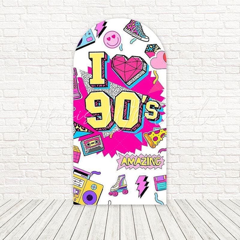 Toile de fond pour arche blanc rose I Love 90s pour décor fête nostalgique