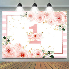 Toile de fond d'anniversaire à rayures florales roses pour 1er anniversaire pour filles