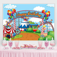 Toile de fond de joyeux anniversaire sur le thème du cirque de parc d'attractions