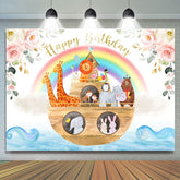 Animaux sur la toile de fond de joyeux anniversaire arc-en-ciel de bateau