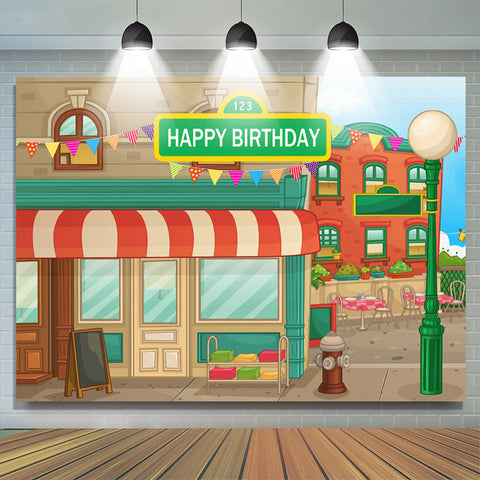 Toile de fond animée de joyeux anniversaire de thème de rue de maison Toile de fond animée de joyeux anniversaire de thème de rue de maison