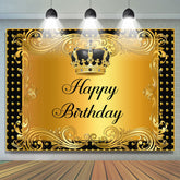 Toile de fond de joyeux anniversaire de rideau de couronne noir et or