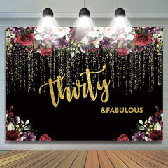 Toile de fond du 30e anniversaire floral à paillettes noires et dorées