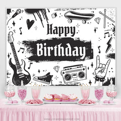 Toile de fond d'anniversaire de musique rock noir et blanc pour garçon