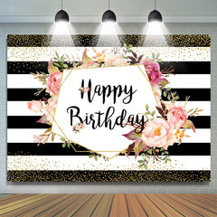 Toile de fond d'anniversaire à rayures noires et blanches et à fleurs
