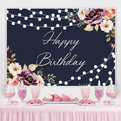 Fond de joyeux anniversaire de lumières florales et scintillantes noires Fond de joyeux anniversaire de lumières florales et scintillantes noires