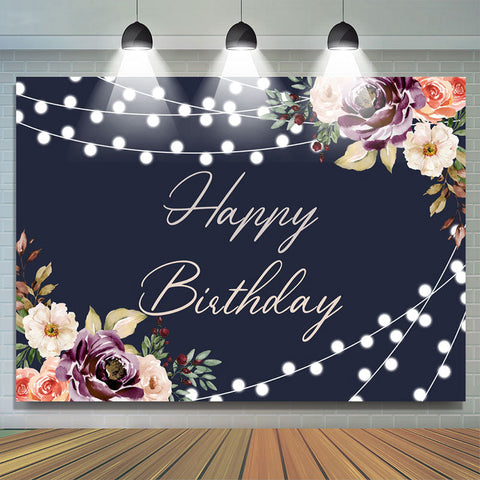 Fond de joyeux anniversaire de lumières florales et scintillantes noires Fond de joyeux anniversaire de lumières florales et scintillantes noires