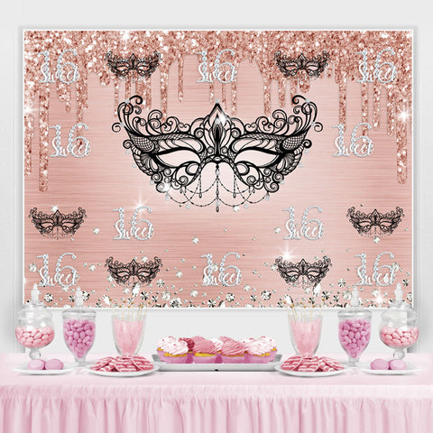 Masque noir diamants roses paillettes 16e anniversaire toile de fond Masque noir diamants roses paillettes 16e anniversaire toile de fond