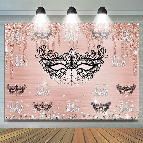Masque noir diamants roses paillettes 16e anniversaire toile de fond Masque noir diamants roses paillettes 16e anniversaire toile de fond