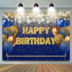 Fond de joyeux anniversaire de lumières de ballon bleu et doré