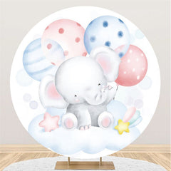 Ballons bleus et roses, toile de fond ronde pour fête prénatale en forme d'éléphant