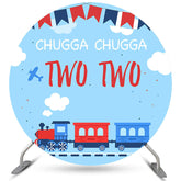 Toile de fond ronde d'anniversaire de train bleu et rouge pour la fête