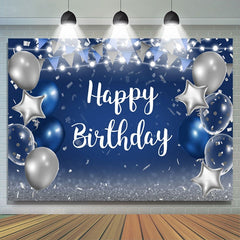 Toile de fond de joyeux anniversaire de ballon étoile bleue et argentée