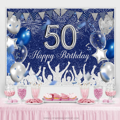 Toile de fond du 50e anniversaire des ballons à paillettes bleues et argentées