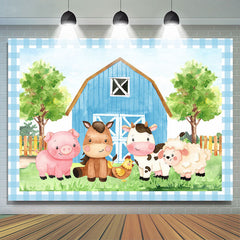 Toile de fond de photo d'animal de dessin animé de ferme bleue pour les enfants